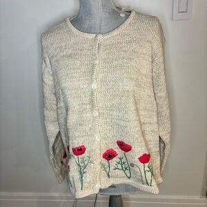 Orvis Beige Cardigan with Red and Green Floral Accents